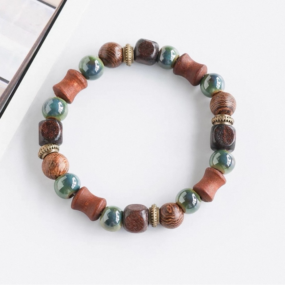 Wood & Green Bead Stretch Bracelet